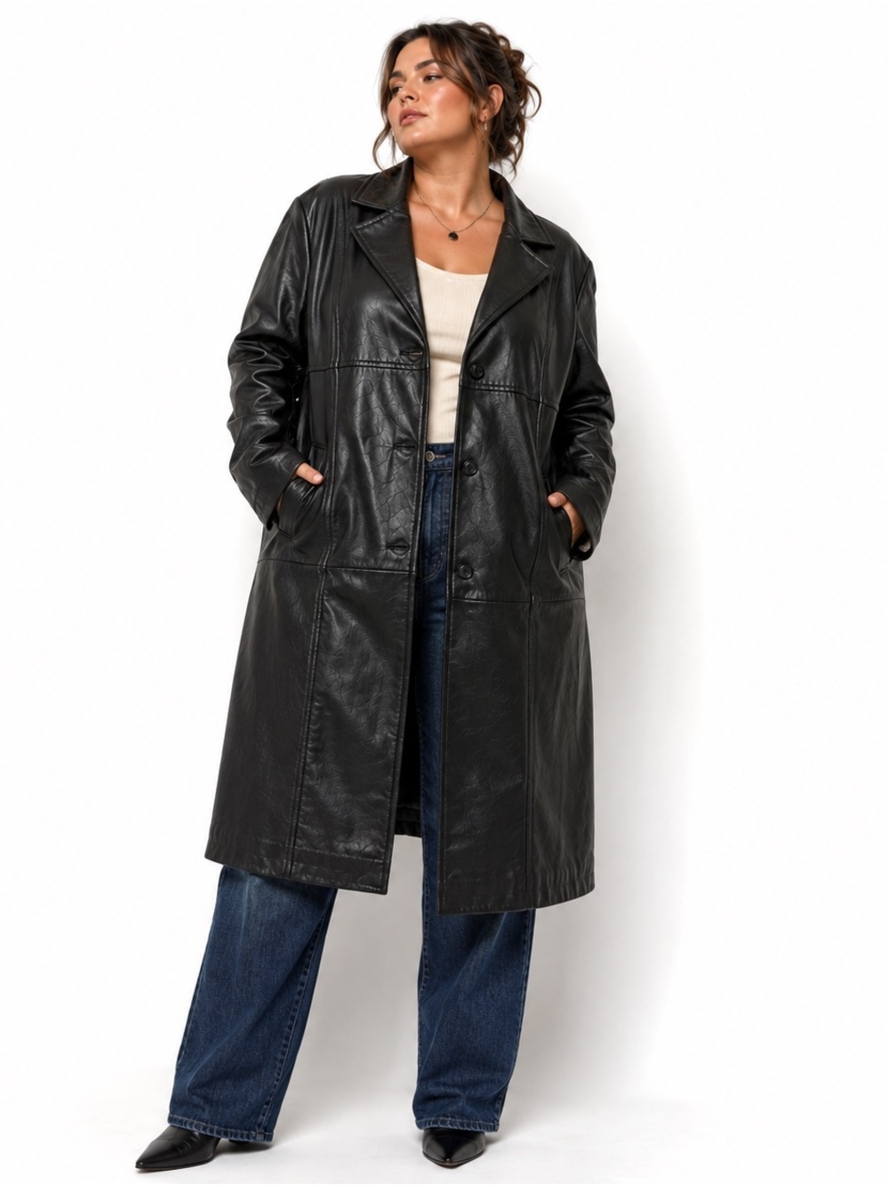 Wilsons Leather Womens Black Leather Long Jacket XL Black Button Front Trench